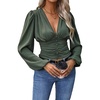 image:imageGORGLITTER Womens Ruched V Neck Blouse Business Casual Cinched Waist Top  Lantern Sleeve Blouse Date Night Tops Sexy Shirts for Women Going Out Dressy Crop BlouseArmy Green