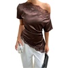 image:imageGORGLITTER Womens Satin Off The Shoulder Lace Tops Dressy Casual Outfits  One Shoulder Dolman Sleeve Ruched Blouses Asymmetrical Tops Business Work Siren Office ClothesBrown