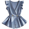 image:imageGORGLITTER Womens Striped Babydoll Peplum Tops Ruffle Wrap V Neck Blouse  Short Cap Sleeve Cinched Waist Dressy Elegant Shirts Business Casual Outfits Going Out OutfitsBlue and White