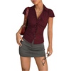 image:imageGORGLITTER Womens Striped Cute Button Up Shirt Short Sleeve Fitted Blouse  Collared Cropped Blouses Cap Sleeve V Neck Tie Back Preppy Going Out Tops Slim Fit StreetwearBurgundy