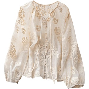 image:imageGORGLITTER Womens Boho Peasant Blouses Long Sleeve Floral Embroidered Tops  Sheer Tie Front Top Flowy Button Up Shirts Dressy Casual Outfits Elegant Fancy ClothesBeige