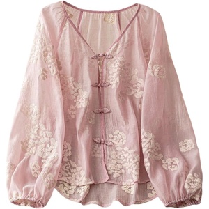 image:imageGORGLITTER Womens Boho Peasant Blouses Long Sleeve Floral Embroidered Tops  Sheer Tie Front Top Flowy Button Up Shirts Dressy Casual Outfits Elegant Fancy ClothesPink Floral