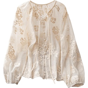 image:imageGORGLITTER Womens Boho Peasant Blouses Long Sleeve Floral Embroidered Tops  Sheer Tie Front Top Flowy Button Up Shirts Dressy Casual Outfits Elegant Fancy ClothesApricot