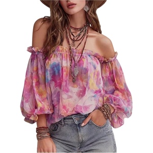 image:imageGORGLITTER Womens Floral Chiffon Ruffle Off The Shoulder Top Sheer Tie Cuff 34 Sleeve Blouse Country Concert OutfitsPink