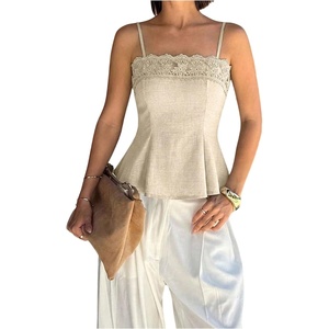 image:imageGORGLITTER Womens Floral Lace Peplum Top Boho Pleated Dressy Camisole Tops  Spaghetti Strap Embroidered Blouse Sexy Babydoll Tops Going Out Concert Tops Old Money ClothesApricot