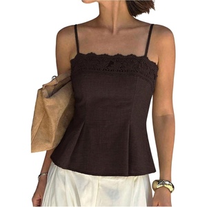 image:imageGORGLITTER Womens Floral Lace Peplum Top Boho Pleated Dressy Camisole Tops  Spaghetti Strap Embroidered Blouse Sexy Babydoll Tops Going Out Concert Tops Old Money ClothesBrown