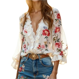 image:imageGORGLITTER Womens Floral Ruffle Lace Blouse 34 Length Sleeve Top V Neck Chiffon Blouses Dressy Casual Boho Summer ShirtMulticolor