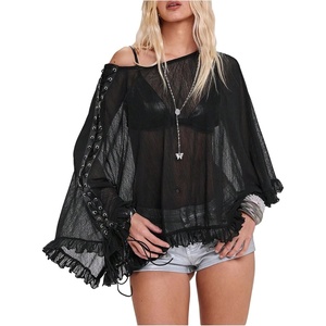 image:imageGORGLITTER Womens Goth Poncho Top Sheer Mesh Off The Shoulder Y2k Punk Lace Up Flowy Ruffled See Through BlouseBlack