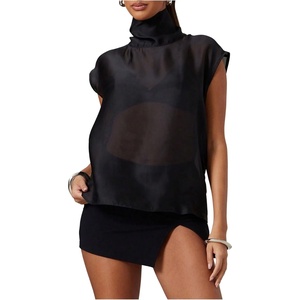 image:imageGORGLITTER Womens High Neck Mesh Top Sheer Cap Sleeve Organza Blouses  Cap Sleeve See Through Tops Oversized Dressy Casual Shirt Party Date Night Going Out OutfitsBlack