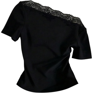 image:imageGORGLITTER Womens Lace Off The Shoulder Short Sleeve Cinched Waist Top  Asymmetrical Tops for Women Going Out Outfits Blouses for Women Dressy Casual One Shoulder TopsBlack