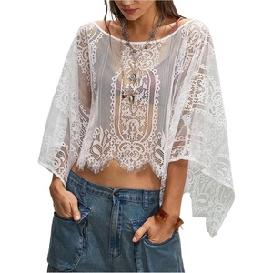 image:imageGORGLITTER Womens Lace Sheer Poncho Top Mesh See Through Cover Up Sexy Blouses Bat Wing Asymmetrical TopsWhite