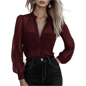 image:imageGORGLITTER Womens Mesh Sheer Button Up Blouse Tops Business Casual Outfits  Sheer Blouses for Women  Button Down Shirts Womens Button Down Blouse Dressy Casual TopsBurgundy