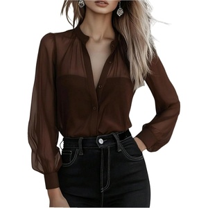 image:imageGORGLITTER Womens Mesh Sheer Button Up Blouse Tops Business Casual Outfits  Sheer Blouses for Women  Button Down Shirts Womens Button Down Blouse Dressy Casual TopsCoffee Brown