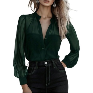 image:imageGORGLITTER Womens Mesh Sheer Button Up Blouse Tops Business Casual Outfits  Sheer Blouses for Women  Button Down Shirts Womens Button Down Blouse Dressy Casual TopsGreen