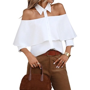 image:imageGORGLITTER Womens Off The Shoulder Tops Flowy Button Down Shirt Blouse  34 Sleeve Ruffle Tops Business Casual Office Work Shirt Professional Blouse Sexy Elegant Dressy StyleWhite