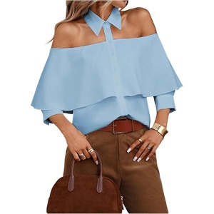 image:imageGORGLITTER Womens Off The Shoulder Tops Flowy Button Down Shirt Blouse  34 Sleeve Ruffle Tops Business Casual Office Work Shirt Professional Blouse Sexy Elegant Dressy StyleBlue