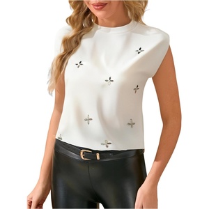 image:imageGORGLITTER Womens Pearl Beaded Top Sleeveless Blouses Dressy Casual Outfit  Crew Neck Shoulder Pad Tee TShirt Fashion Fancy Clothes Summer Vacation Going Out OutfitsWhite Rhinestone