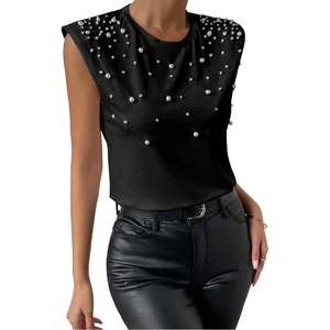 image:imageGORGLITTER Womens Pearl Beaded Top Sleeveless Blouses Dressy Casual Outfit  Crew Neck Shoulder Pad Tee TShirt Fashion Fancy Clothes Summer Vacation Going Out OutfitsSolid Black