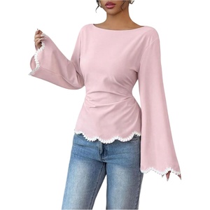 image:imageGORGLITTER Womens Peplum Tops Bell Long Sleeve Babydoll Elegant Blouse  Boat Neck Embroidered Tops Tie Back Business Casual Work Shirts Fall Tops for Women 2026Pink