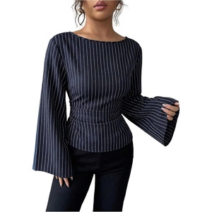 image:imageGORGLITTER Womens Pinstripe Cinched Waist Blouse Ruched Bell Sleeve Shirts  Going Out Top Business Casual Work Blouse Casual Long Sleeve Work Shirts Dressy TopDark Blue