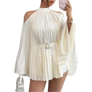 image:imageGORGLITTER Womens Pleated Cold Shoulder Bat Wing Tops Flowy Blouses  Tie Waist Long Sleeve Ladies Causal Blouses Work Business Office Asymmetrical Fall Outfits 2026Apricot