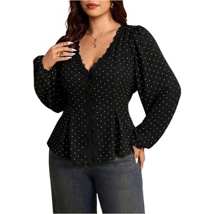 image:imageGORGLITTER Womens Plus Size Date Night Tops Polka Dots Lace Bishop Long Sleeve Deep V Peplum Shirts Flowy Blouse TopsBlack