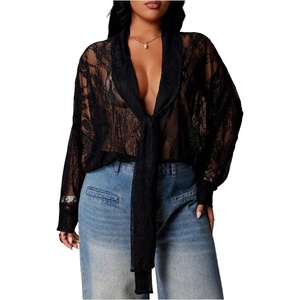 image:imageGORGLITTER Womens Plus Size Lace Tops Sheer Mesh Tie Front Deep V Neck Blouse Y2k See Through ShirtsBlack