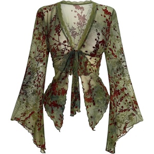 image:imageGORGLITTER Womens Plus Size Mesh Bell Sleeve Top 70s Tie Front Paisley Boho Peplum Babydoll Tops BlouseGreen