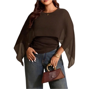 image:imageGORGLITTER Womens Plus Size Mesh Poncho Tops Draped Blouse for Going Out  Chiffon Cinch Waist Cape Sleeve Asymmetrical Hem Dressy Poncho Tops for Plus Size Fall WinterBrown