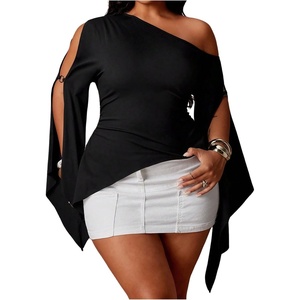 image:imageGORGLITTER Womens Plus Size Off The Shoulder Tops Asymmetrical Blouse  Flutter Sleeve Cold Shoulder One Shoulder Asymmetrical Top for Plus Size Going Out ConcertBlack