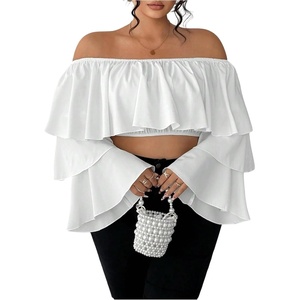 image:imageGORGLITTER Womens Plus Size Off The Shoulder Tops Bell Sleeve Crop Top  Ruffle Hem Tiered Long Sleeve Bell Sleeve Cropped Dressy Blouse for Women Plus Size Date NightWhite