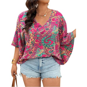 image:imageGORGLITTER Womens Plus Size Western Tops Boho Bat Wing 34 Sleeve Blouses  Plus Size Crop Tops for Curvy Women Summer Blouses Shirt  Womens Blouses Dressy CasualHot Pink