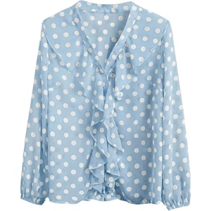 image:imageGORGLITTER Womens Polka Dots Blouse Dressy Ruffle 34 Sleeve V Neck Button Down Shirt Business Casual Office Work TopBlue