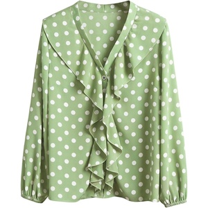 image:imageGORGLITTER Womens Polka Dots Blouse Dressy Ruffle 34 Sleeve V Neck Button Down Shirt Business Casual Office Work TopMint Green