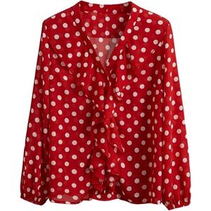 image:imageGORGLITTER Womens Polka Dots Blouse Dressy Ruffle 34 Sleeve V Neck Button Down Shirt Business Casual Office Work TopRed