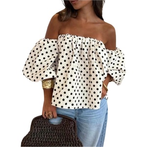 image:imageGORGLITTER Womens Polka Dots Off The Shoulder Blouse Cute Going Out Tops  Puff Sleeve Ruffle Flowy Tops Off Shoulder Y2k Polka Dots Tops Dressy Cute Tops for Date NightWhite