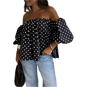 image:imageGORGLITTER Womens Polka Dots Off The Shoulder Blouse Cute Going Out Tops  Puff Sleeve Ruffle Flowy Tops Off Shoulder Y2k Polka Dots Tops Dressy Cute Tops for Date NightBlack