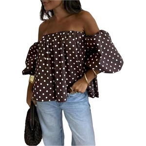 image:imageGORGLITTER Womens Polka Dots Off The Shoulder Blouse Cute Going Out Tops  Puff Sleeve Ruffle Flowy Tops Off Shoulder Y2k Polka Dots Tops Dressy Cute Tops for Date NightCoffee Brown