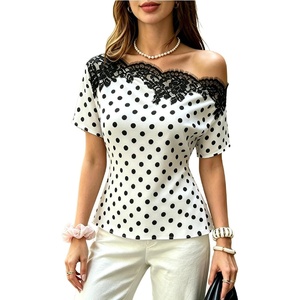 image:imageGORGLITTER Womens Polka Dots Satin Lace Off The Shoulder Top Dressy Casual  One Shoulder Short Sleeve Blouses Lace Up Asymmetrical Tops Business Office Siren ClothesBlack and White