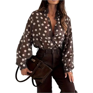 image:imageGORGLITTER Womens Polka Dots Top Blouses Dressy Business Casual Outfits  Button Up Bishop Long Sleeve Tie Front Shirts Work Office Going Out Outfits Elegant Fancy ClothesCoffee Brown