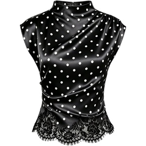 image:imageGORGLITTER Womens Polka Dots Top Lace Trim Ruched Mock Neck Dressy Casual Blouse Summer Business Sleeveless ShirtsBlack