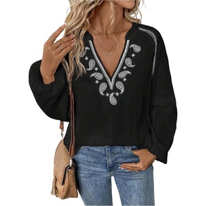 image:imageGORGLITTER Womens Prairie Linen Peasant Blouses Boho Embroidered Tops  Bishop Long Sleeve V Neck Shirt Western Cowgirl Hippie Clothes Dressy Casual Going Out OutfitsBlack