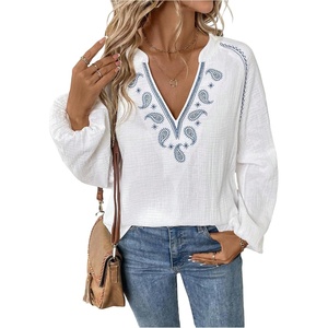 image:imageGORGLITTER Womens Prairie Linen Peasant Blouses Boho Embroidered Tops  Bishop Long Sleeve V Neck Shirt Western Cowgirl Hippie Clothes Dressy Casual Going Out OutfitsWhite
