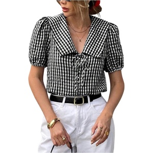 image:imageGORGLITTER Womens Puff Short Sleeve Gingham Top Blouses Dressy Casual  Bow Tie Front Button Up Collared Shirts Vacation Going Out Outfits Cute Fashion ClothesBlack and White