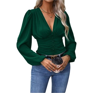 image:imageGORGLITTER Womens Ruched V Neck Blouse Business Casual Cinched Waist Top  Lantern Sleeve Blouse Date Night Tops Sexy Shirts for Women Going Out Dressy Crop BlouseDark Green