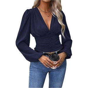 image:imageGORGLITTER Womens Ruched V Neck Blouse Business Casual Cinched Waist Top  Lantern Sleeve Blouse Date Night Tops Sexy Shirts for Women Going Out Dressy Crop BlouseDark Blue