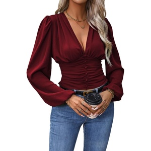image:imageGORGLITTER Womens Ruched V Neck Blouse Business Casual Cinched Waist Top  Lantern Sleeve Blouse Date Night Tops Sexy Shirts for Women Going Out Dressy Crop BlouseBurgundy
