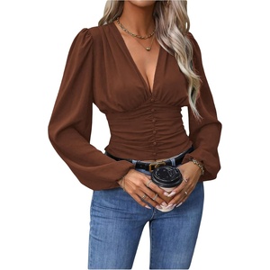 image:imageGORGLITTER Womens Ruched V Neck Blouse Business Casual Cinched Waist Top  Lantern Sleeve Blouse Date Night Tops Sexy Shirts for Women Going Out Dressy Crop BlouseChocolate Brown