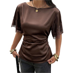 image:imageGORGLITTER Womens Satin Lace Tops Ruched Tie Back Cinched Waist Short Sleeve T Shirt Boat Neck Dressy Casual TeeBrown