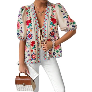 image:imageGORGLITTER Womens Tie Front Peplum Tops Bow Babydoll Floral Boho Blouses  Puff Short Sleeve Shirts Fiesta Going Out Tops Bohemian Tops for Women Fall Outfits 2026Multicolor